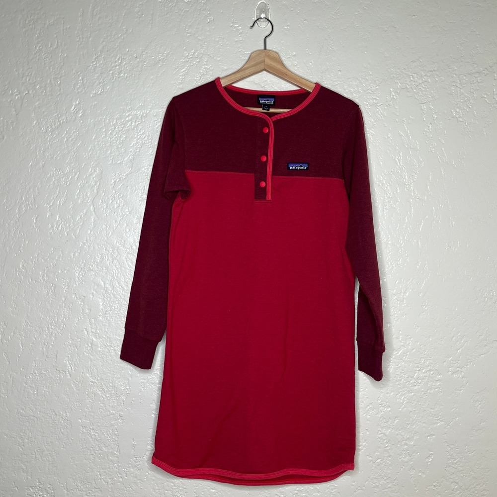 Patagonia Ahnya Henley Dress Red‎ Colorblock Organic Cotton Fleece 58745 Small